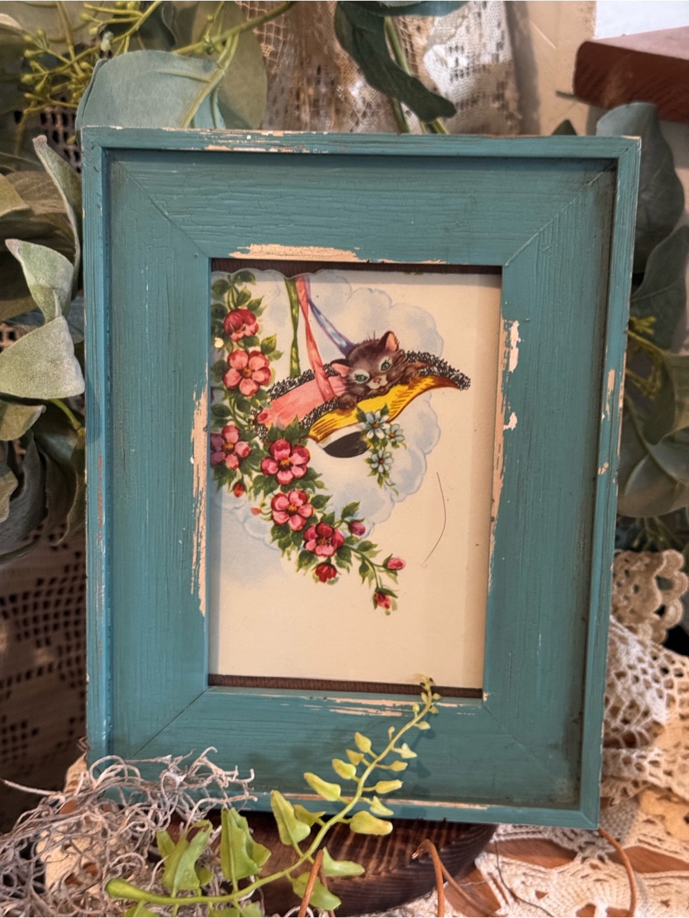 Vintage Framed Kitten Print Distressed Teal Wood Frame Cottage Decor